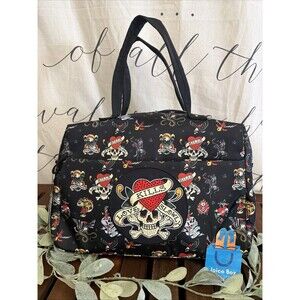 Ed Hardy  Love Kills Slowly Rhinestone Patch Tattoo Print Duffel Bag Tote Carry